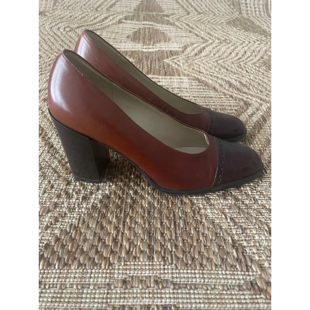 Vtg. Nine West Sz 7 Brown 2 tone leather block heel - Picture 2 of 8